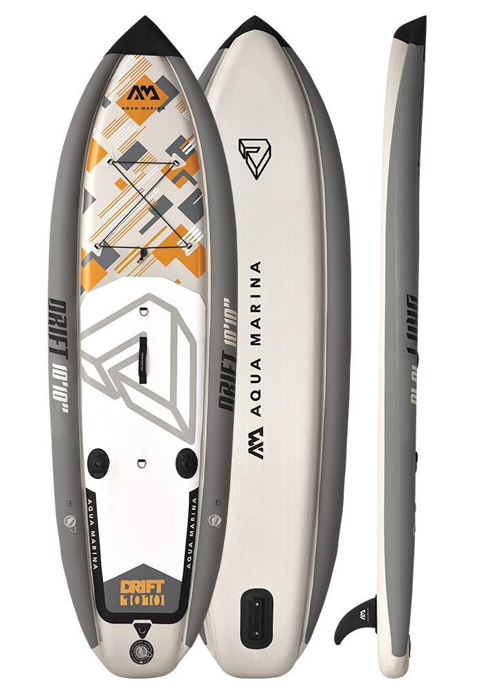 Product photo, top, bottom, side view. Aqua Marina Drift iSUP with rod holder — ships free at e-boarders.com