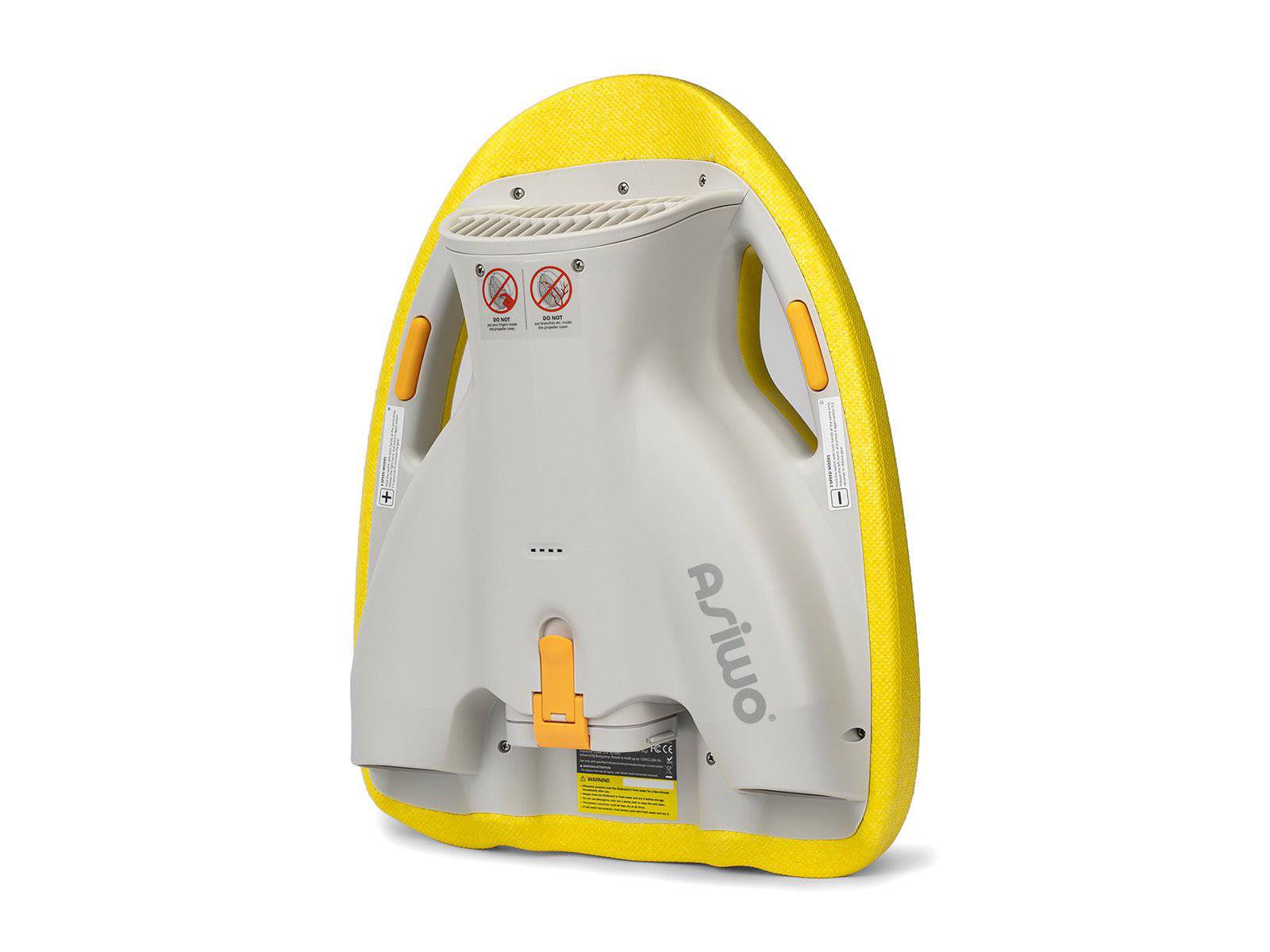 Bottom view of ASIWO MAKO electric swimming kickboard in yellow for aquatic swim assistance. Ships free at e-boarders.com