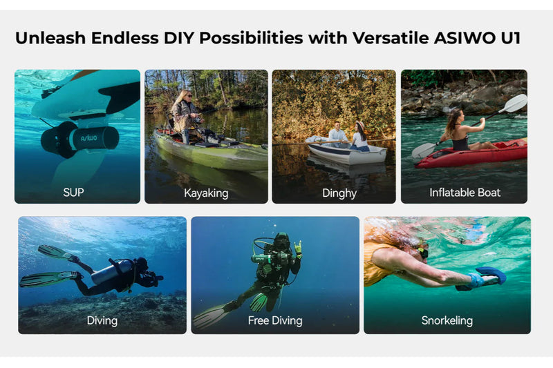 ASIWO U1 electric-assist fin for paddleboards and diving. Lightweight underwater swim-aid with wireless remote. Free shipping at e-boarders.com