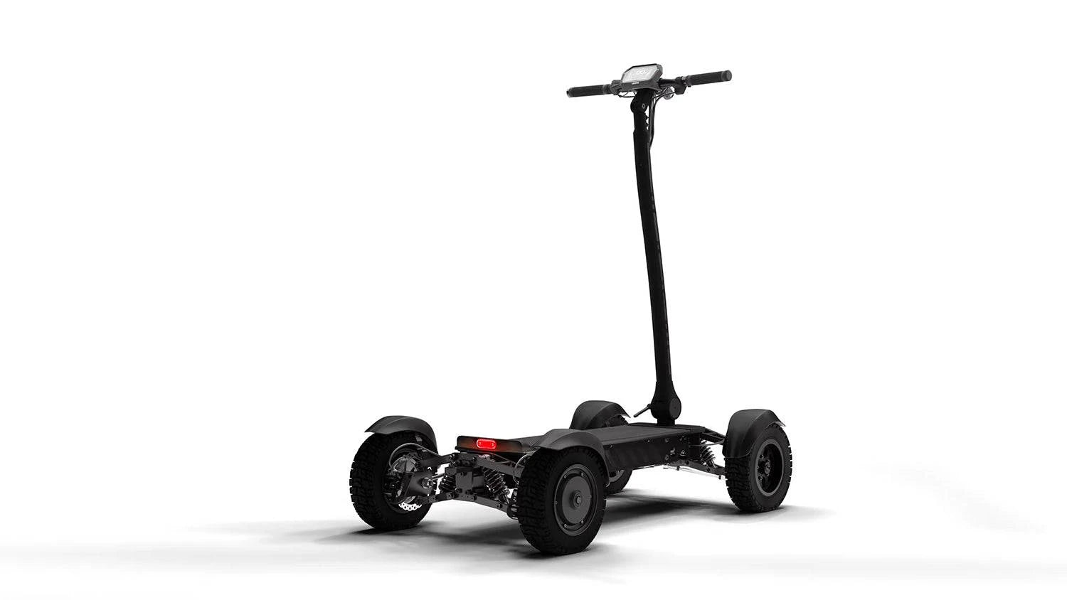 Side view of CycleBoard X-Quad 3000 4-wheel electric trail ride in black finish, with 11x4” fairway tires. Ships free from e-boarders.com