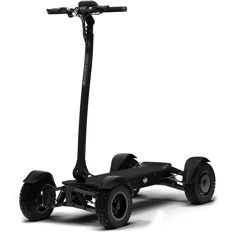 Cycleboard X-Quad 3000 all-terrain 4-wheel recreational electric ride. Black 11"x4" fairway tires and fenders. Free shipping at e-boarders.com