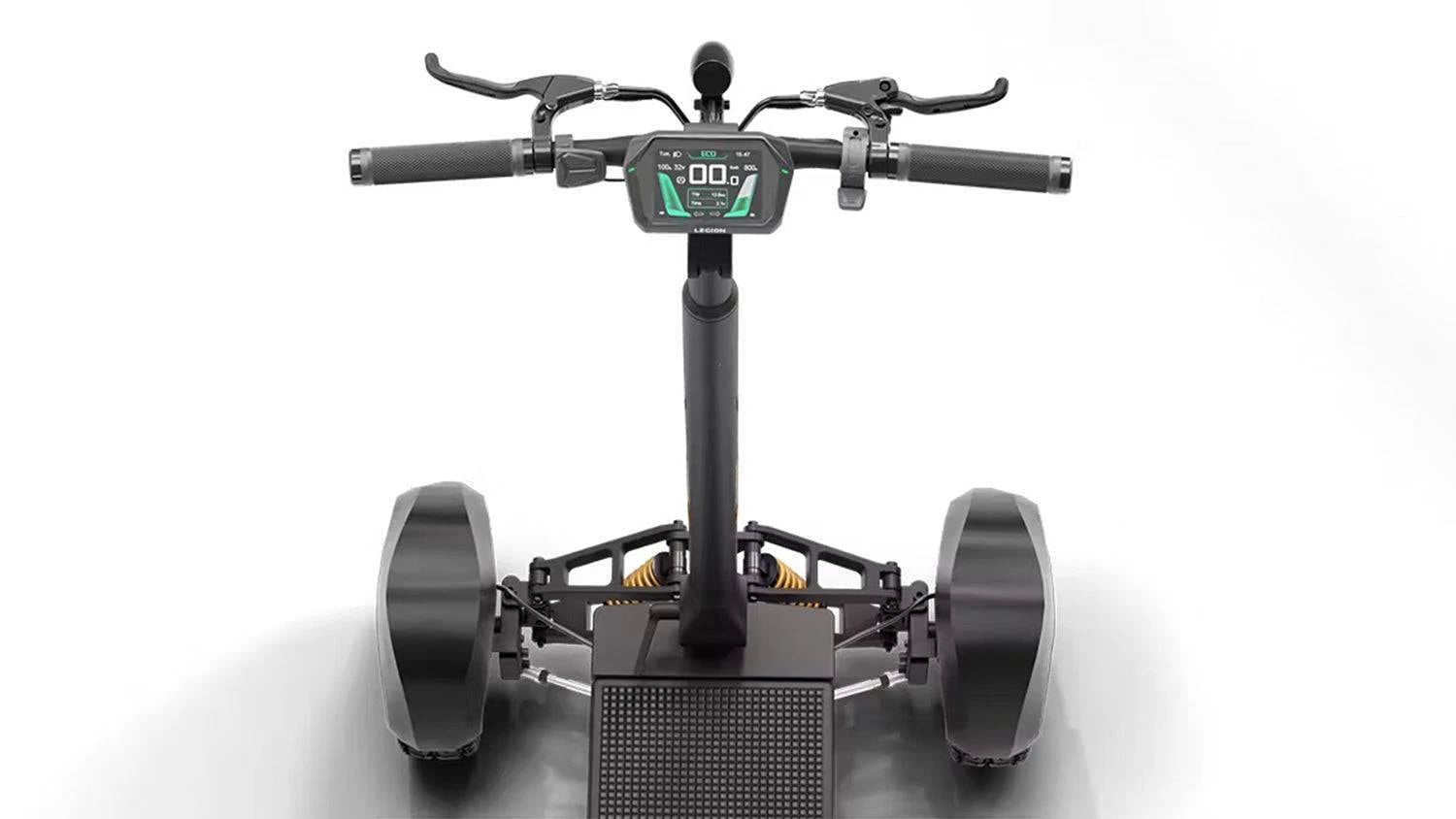 Close-up of CycleBoard X-Quad 3000 handles, brakes and LED screen. Ships free from e-boarders.com