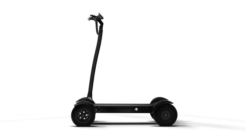 Side view of CycleBoard X-Quad 3000 with 11-inch fat fairway tread tires, fenders, and black finish. Ships free from e-boarders.com