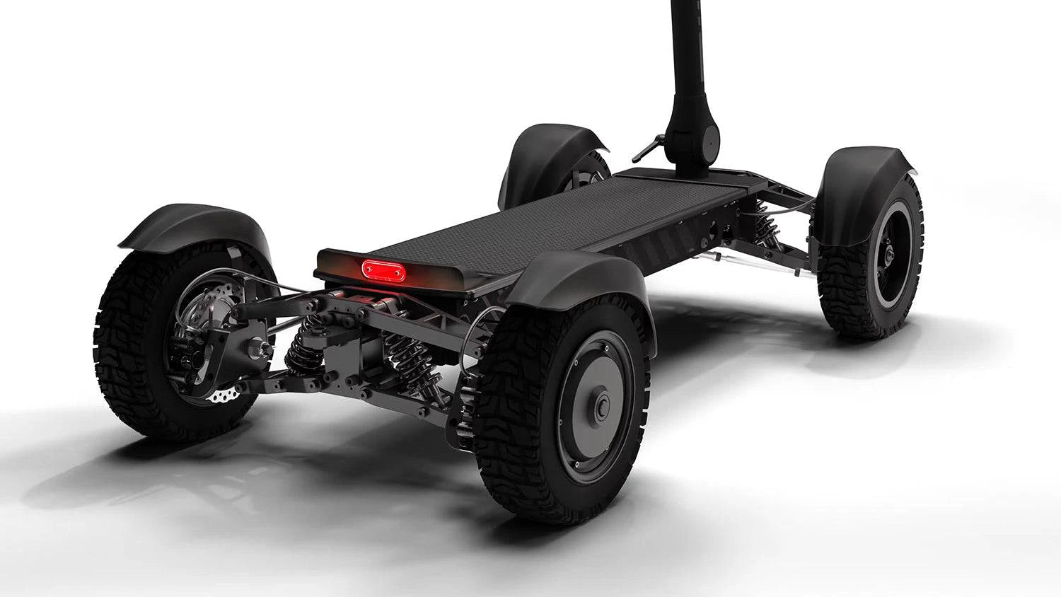 Close-up of CycleBoard X-Quad 3000 with 11-inch fat fairway tread tires, fenders, and black finish. Ships free from e-boarders.com