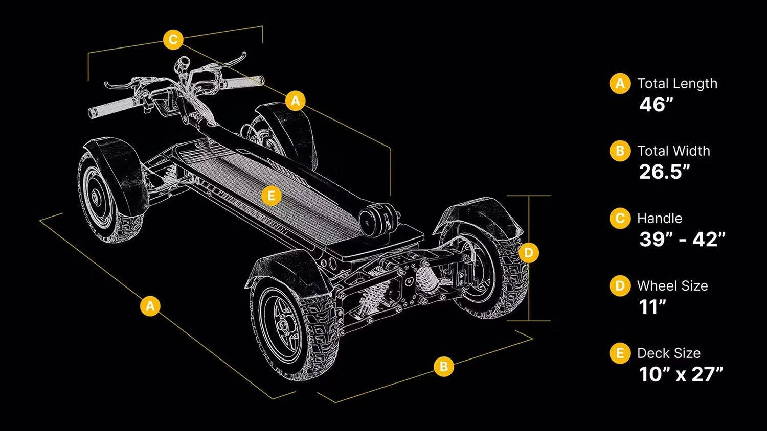 Cycleboard X-Quad 3000 dimensions diagram. Free shipping at e-boarders.com