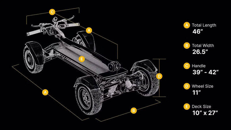 Cycleboard X-Quad 3000 dimensions diagram. Free shipping at e-boarders.com