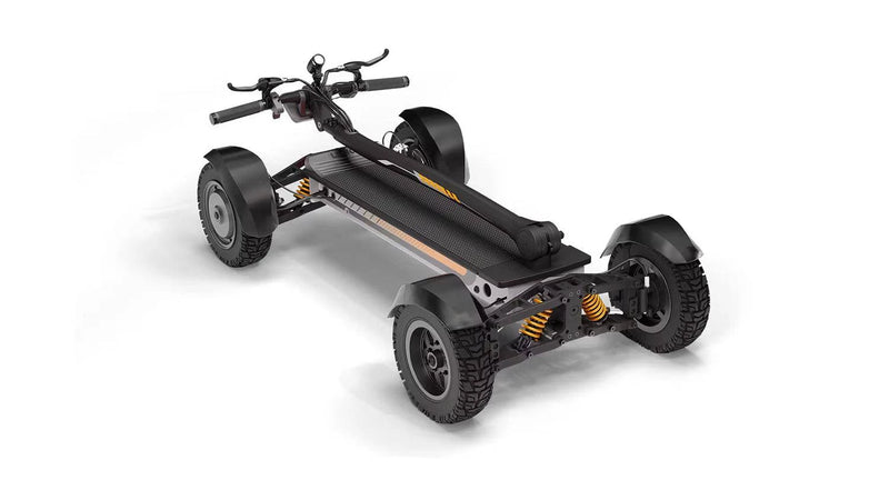 Folding Cycleboard X-Quad 3000 in folded position for storage and travel. In grey/black finish. Free shipping at e-boarders.com