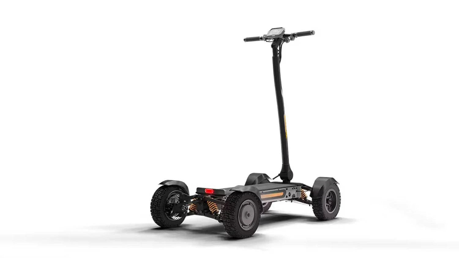 Side view of CycleBoard X-Quad 3000 4-wheel electric trail ride in grey/orange finish, with 11x4” fairway tires. Ships free from e-boarders.com