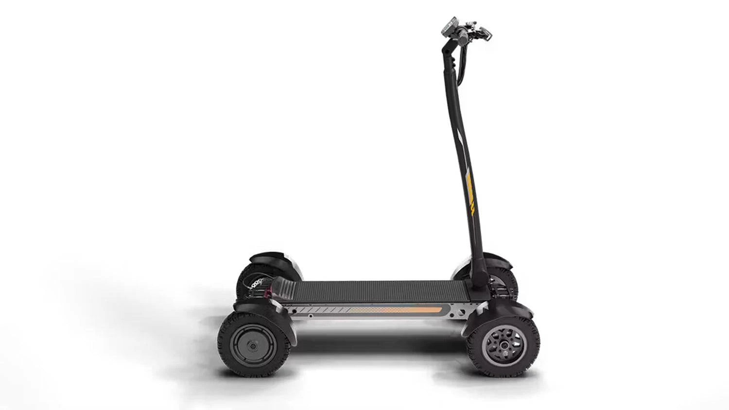 Side view of CycleBoard X-Quad 3000 with 11-inch fat fairway tread tires, fenders, and grey/orange finish. Ships free from e-boarders.com