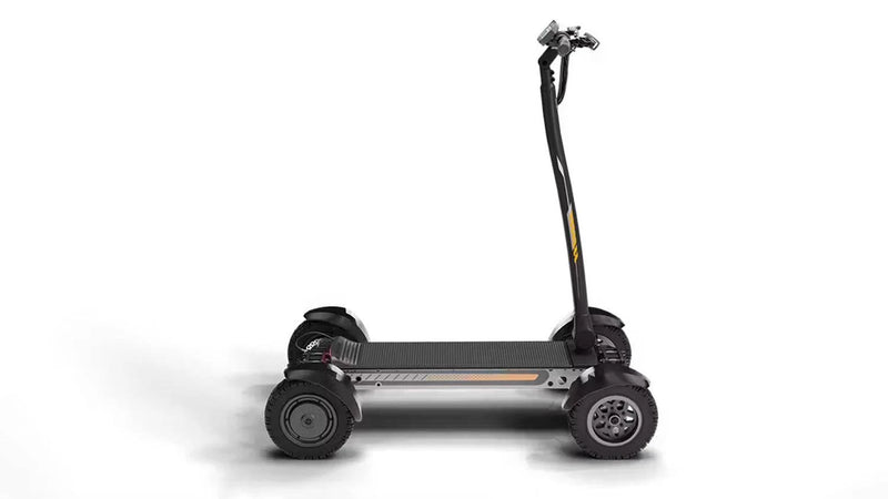 Side view of CycleBoard X-Quad 3000 with 11-inch fat fairway tread tires, fenders, and grey/orange finish. Ships free from e-boarders.com