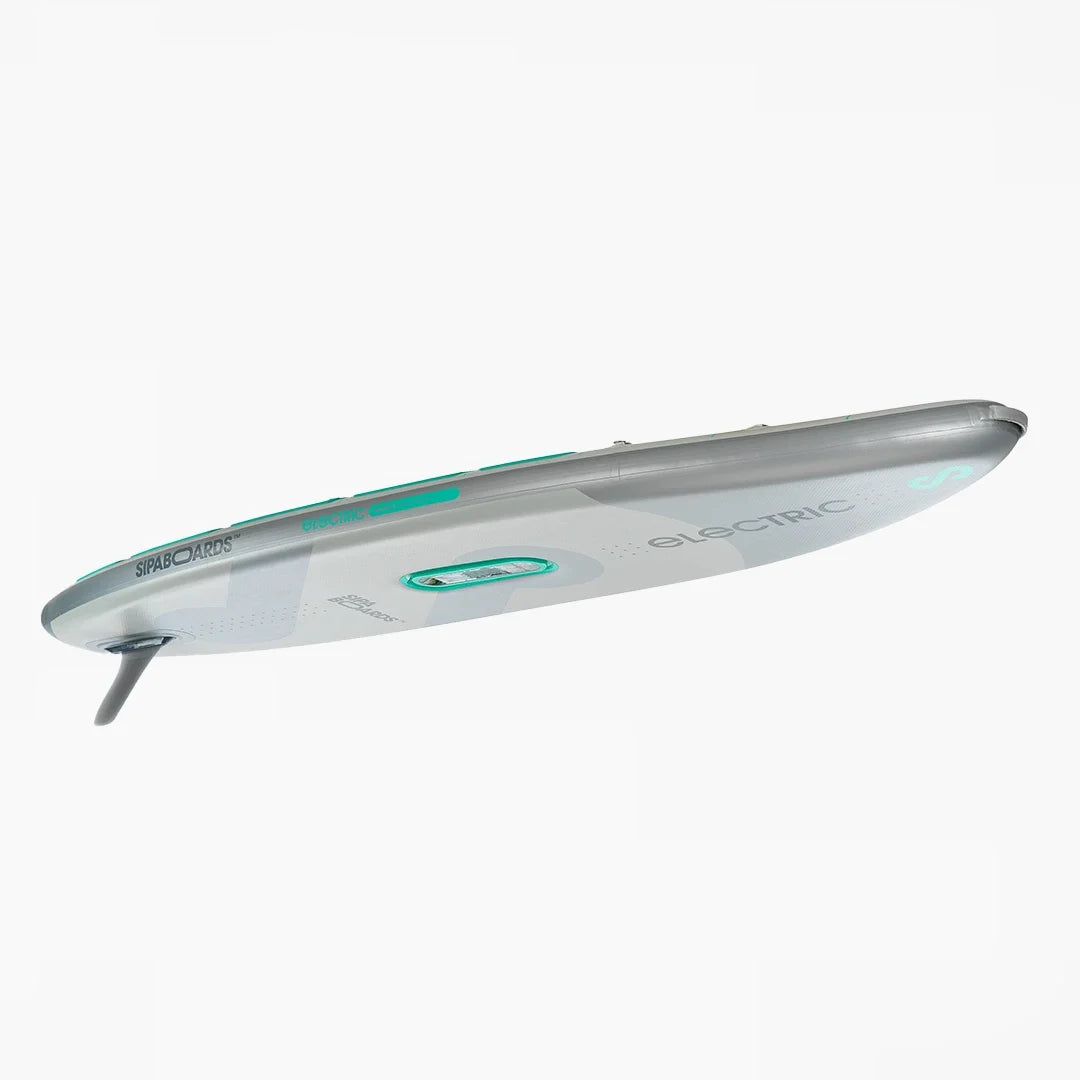 Bottom view of SIPA Alpha One iSUP with Bluetooth remote, EVA traction pad, and built-in electric unit. Ships free at e-boarders.com