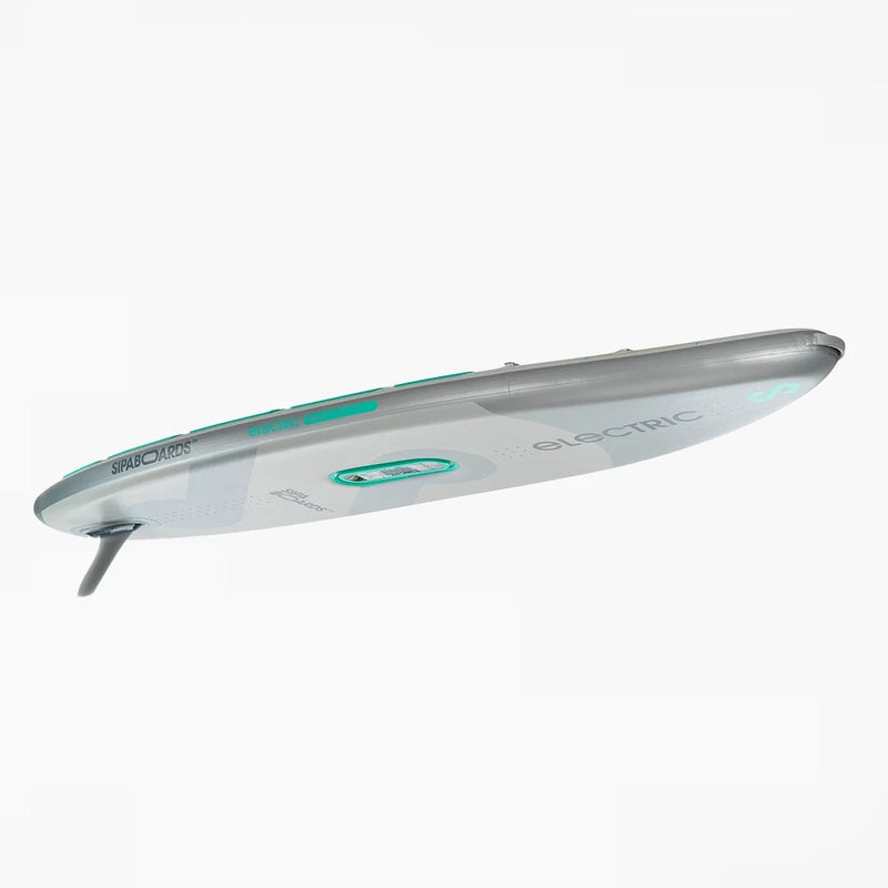 Bottom view of SIPA Alpha One iSUP with Bluetooth remote, EVA traction pad, and built-in electric unit. Ships free at e-boarders.com
