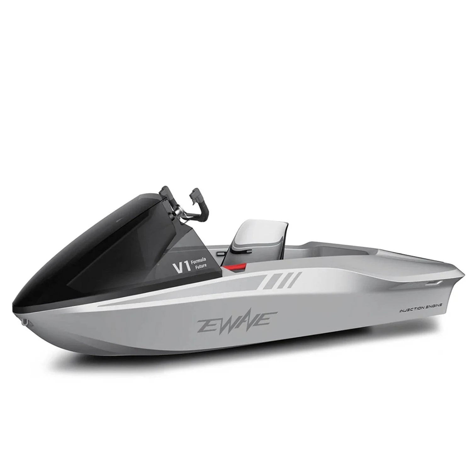 EWAVE Formula Future EWE1 electric-powered water ride. Seats 1-2 people for summer lake fun. Silver, front-side view. Free shipping from e-boarders.com