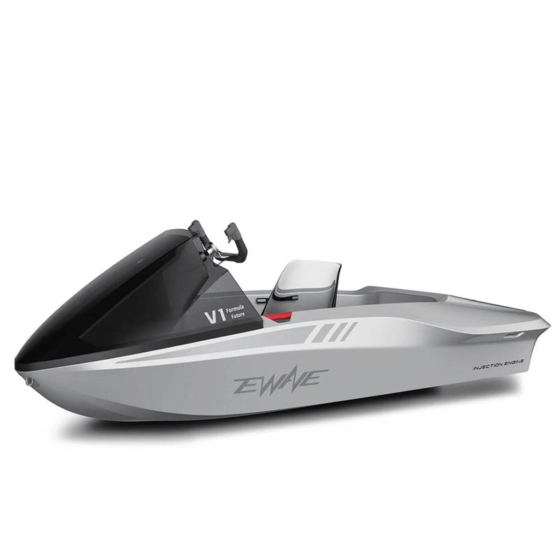 EWAVE Formula Future EWE1 electric-powered water ride. Seats 1-2 people for summer lake fun. Silver, front-side view. Free shipping from e-boarders.com