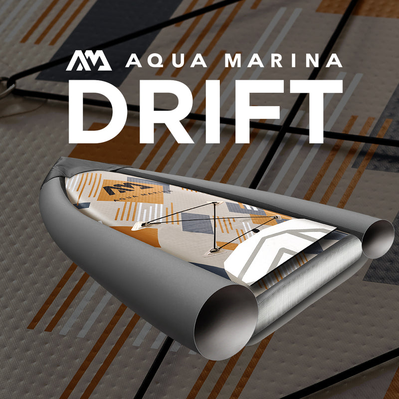 Product details photo and logo for Aqua Marina Drift iSUP with rod holder — ships free at e-boarders.com