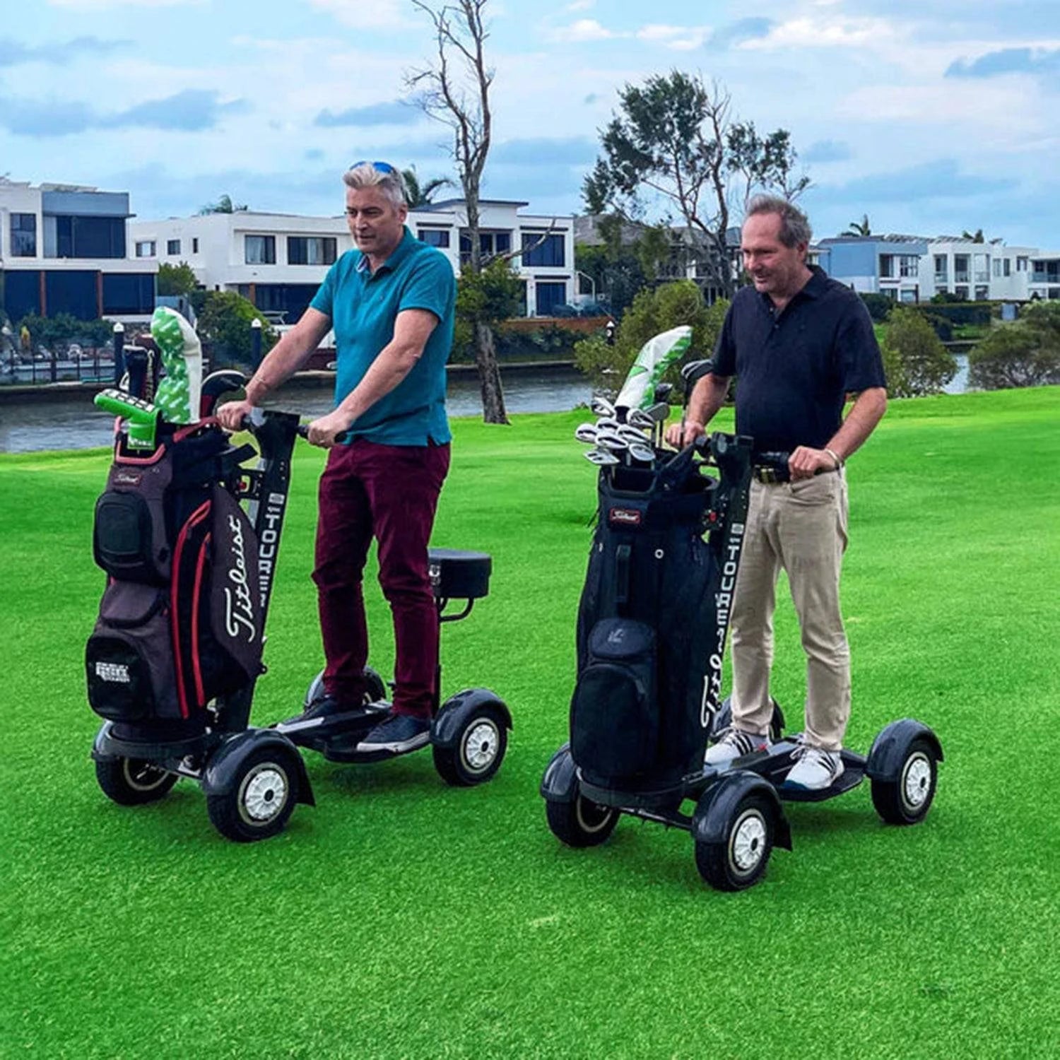 GSC Tourer X by Golf Skate Caddy, 4-wheel electric golf caddy ride with golf bag mount and lean to steer technology. Free shipping at e-boarders.com