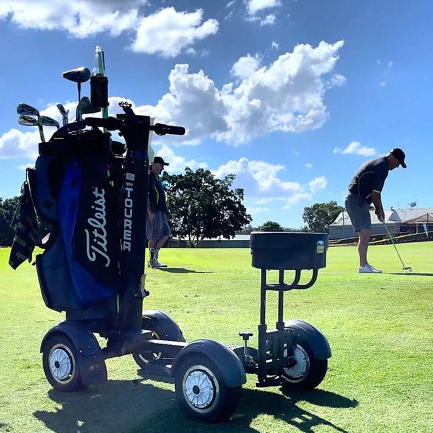 GSC Tourer X by Golf Skate Caddy, 4-wheel electric golf caddy ride with golf bag mount and lean to steer technology. Free shipping at e-boarders.com