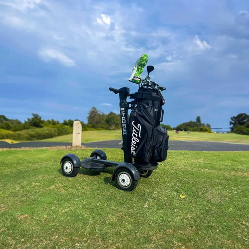 GSC Tourer X by Golf Skate Caddy, 4-wheel electric golf caddy ride with golf bag mount and lean to steer technology. Free shipping at e-boarders.com