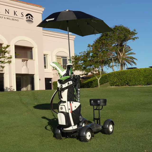 GSC Tourer X by Golf Skate Caddy, 4-wheel electric golf caddy ride with golf bag mount and lean to steer technology. Free shipping at e-boarders.com