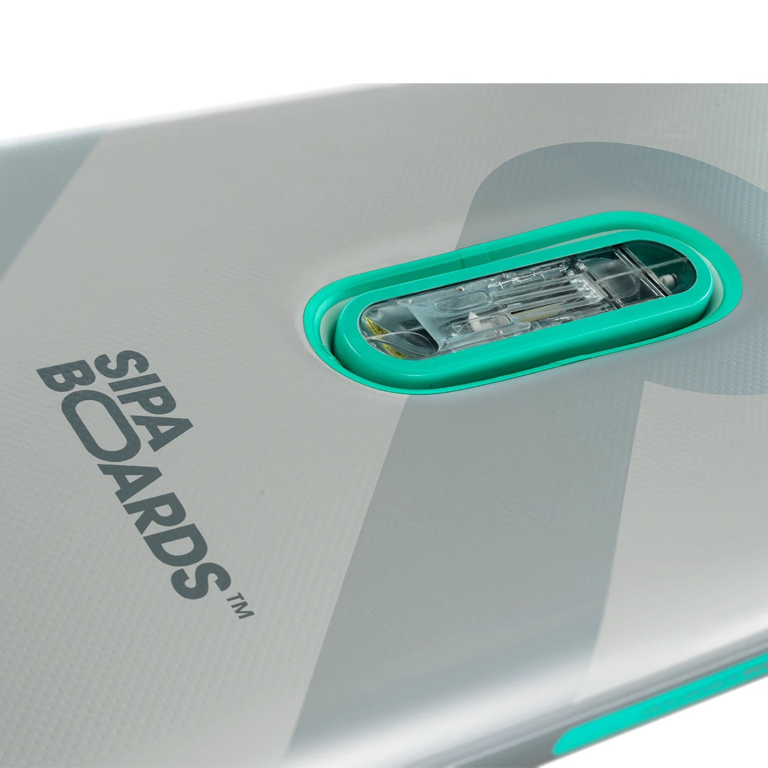 Closeup of SIPA Boards Alpha One Electric Paddleboard with self-inflating built-in electric unit. Ships free from e-boarders.com.
