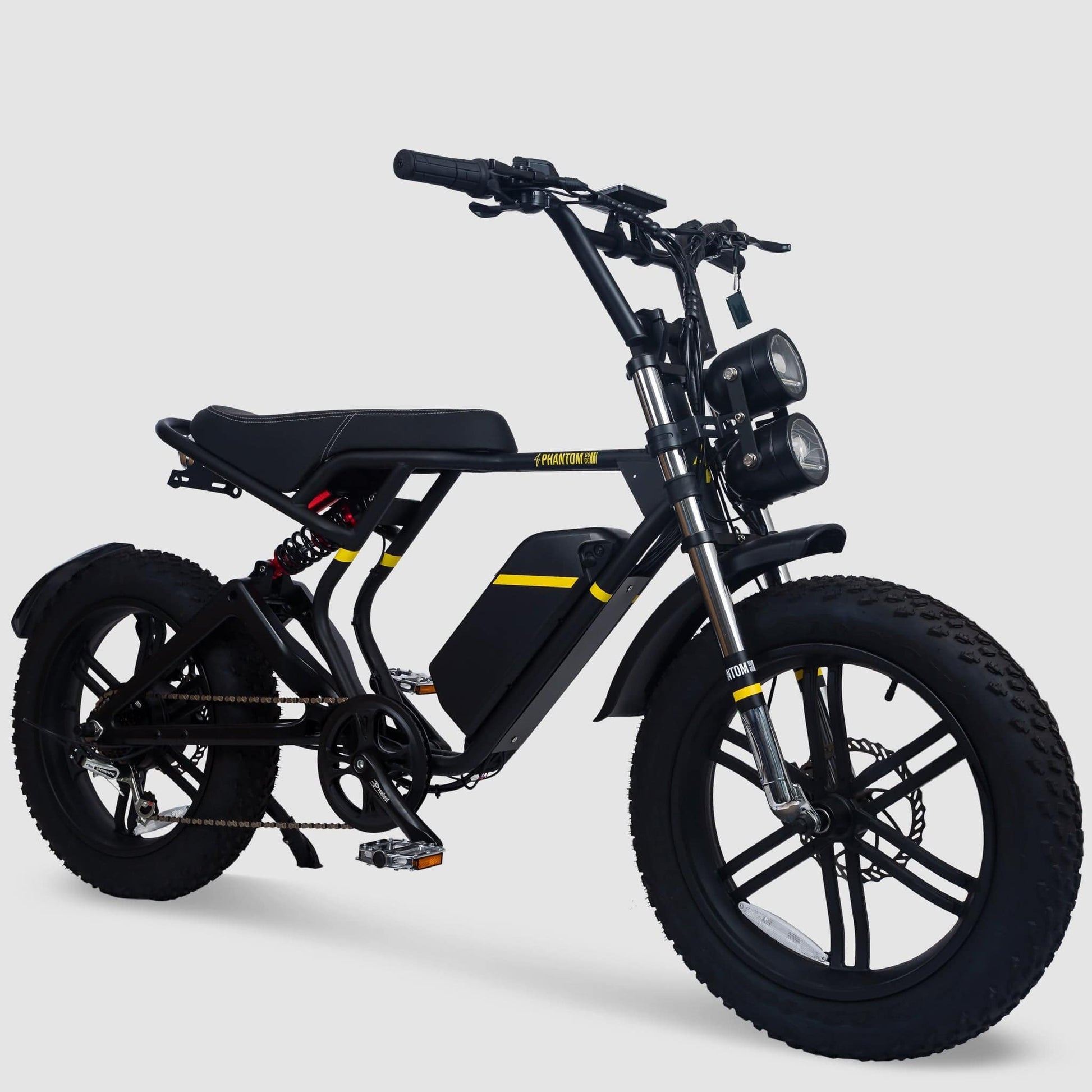 Phantom Gogo Klutch Cafe Max P20 Fat Tire E-Bike, black, wtih pedal-assist 52 MPH, 53 Mile Battery Range. Color options are black, silver, blue, pink. Free shipping at eBoarders.com