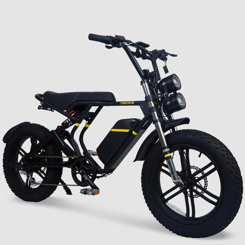 Phantom Gogo Klutch Cafe Max P20 Fat Tire E-Bike, black, wtih pedal-assist 52 MPH, 53 Mile Battery Range. Color options are black, silver, blue, pink. Free shipping at eBoarders.com