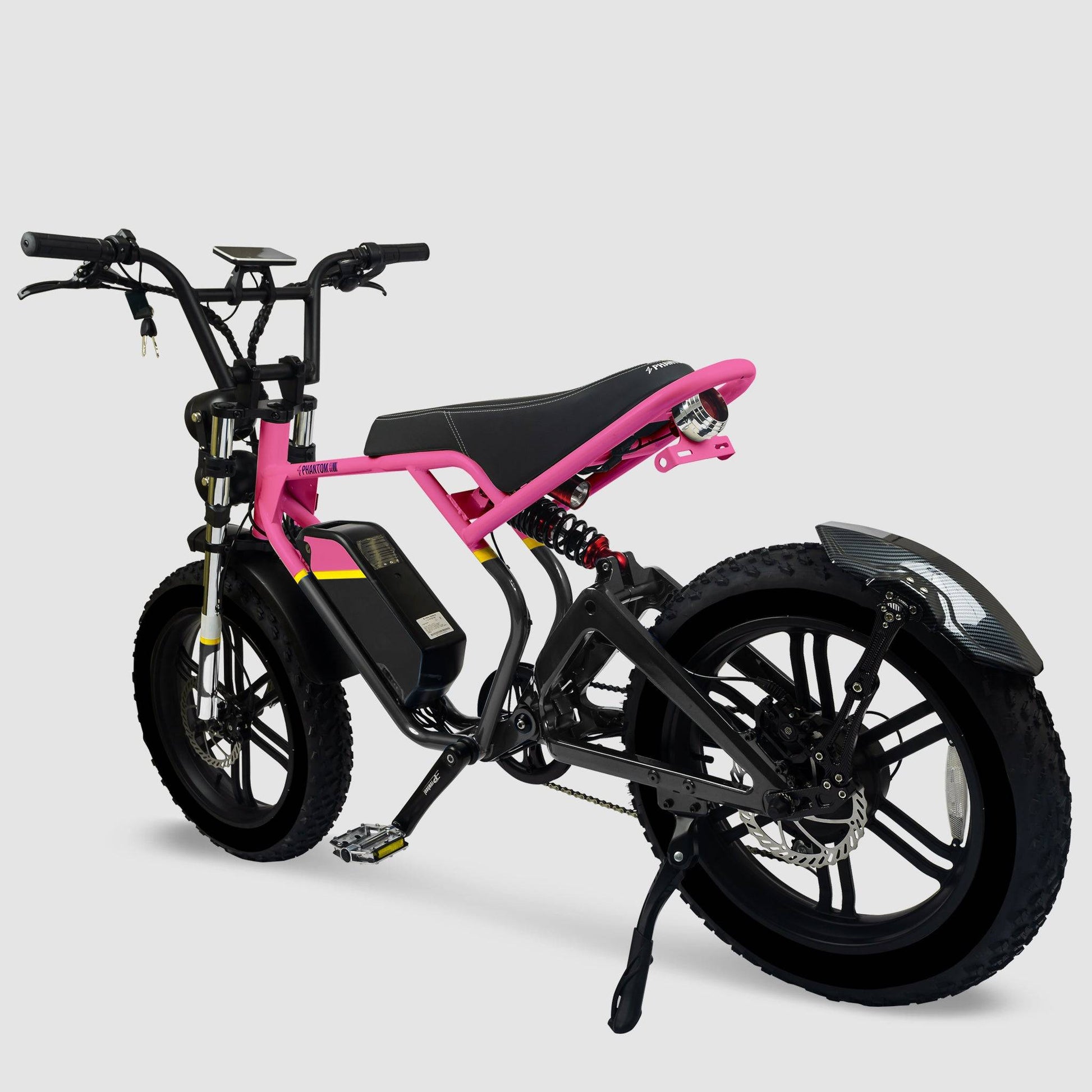 Phantom Gogo Klutch Cafe Max P20 Fat Tire electric bicycle E-Bike, pink and black, with pedal-assist 52 MPH, 53 Mile Battery Range. Color options are silver, silver, blue, pink. Free shipping at eBoarders.com