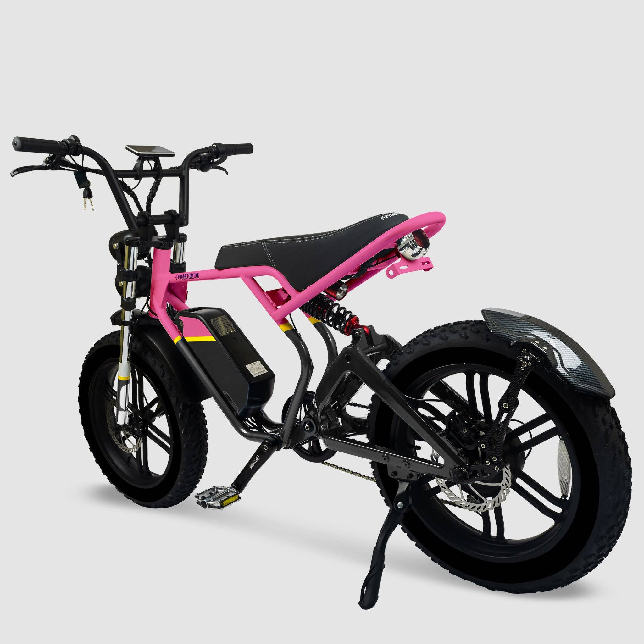 Phantom Gogo Klutch Cafe Max P20 Fat Tire electric bicycle E-Bike, pink and black, with pedal-assist 52 MPH, 53 Mile Battery Range. Color options are silver, silver, blue, pink. Free shipping at eBoarders.com