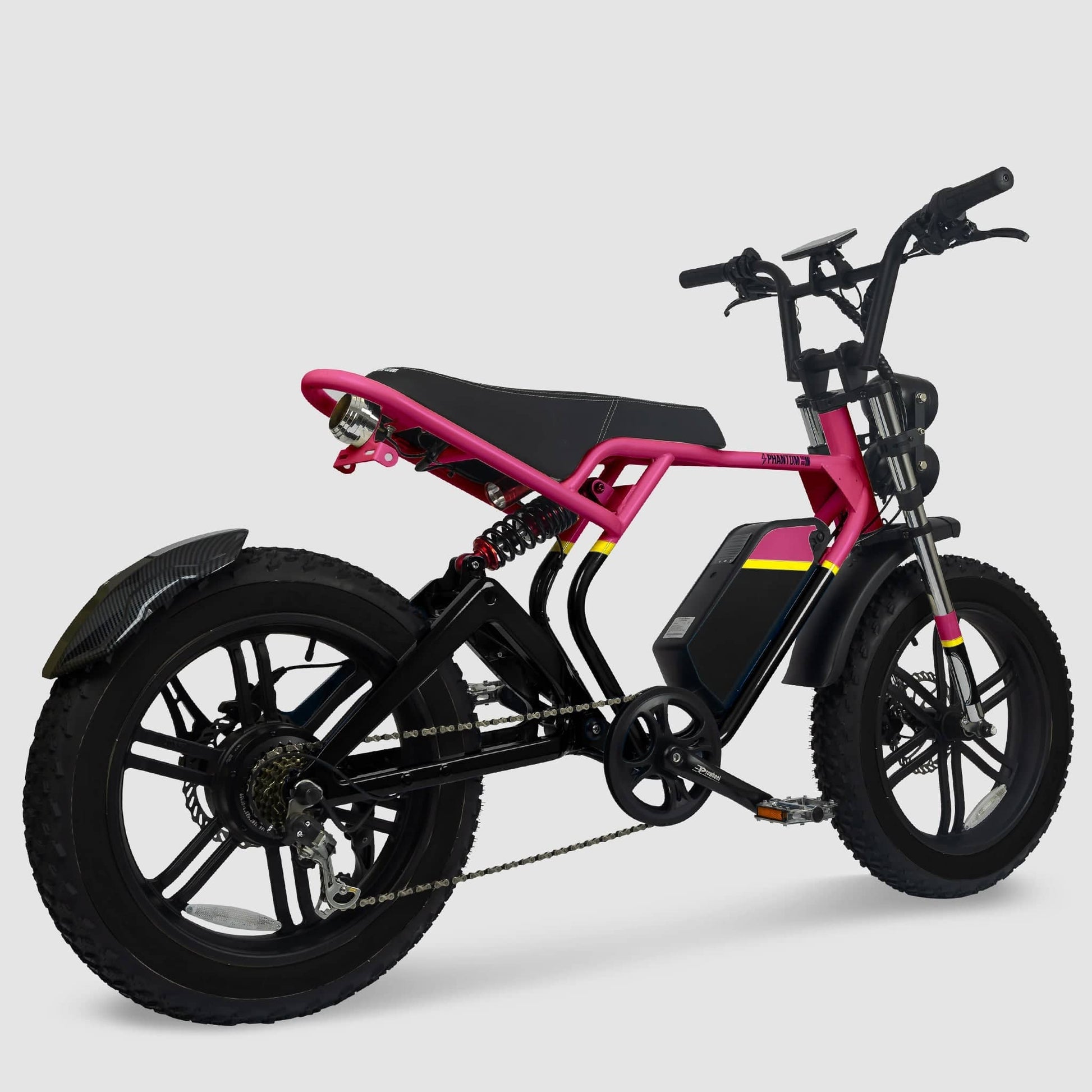 Phantom Gogo Klutch Cafe Max P20 Fat Tire electric bicycle E-Bike, pink and black, with pedal-assist 52 MPH, 53 Mile Battery Range. Color options are silver, silver, blue, pink. Free shipping at eBoarders.com