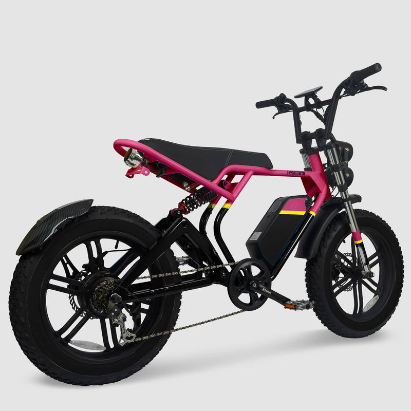 Phantom Gogo Klutch Cafe Max P20 Fat Tire electric bicycle E-Bike, pink and black, with pedal-assist 52 MPH, 53 Mile Battery Range. Color options are silver, silver, blue, pink. Free shipping at eBoarders.com