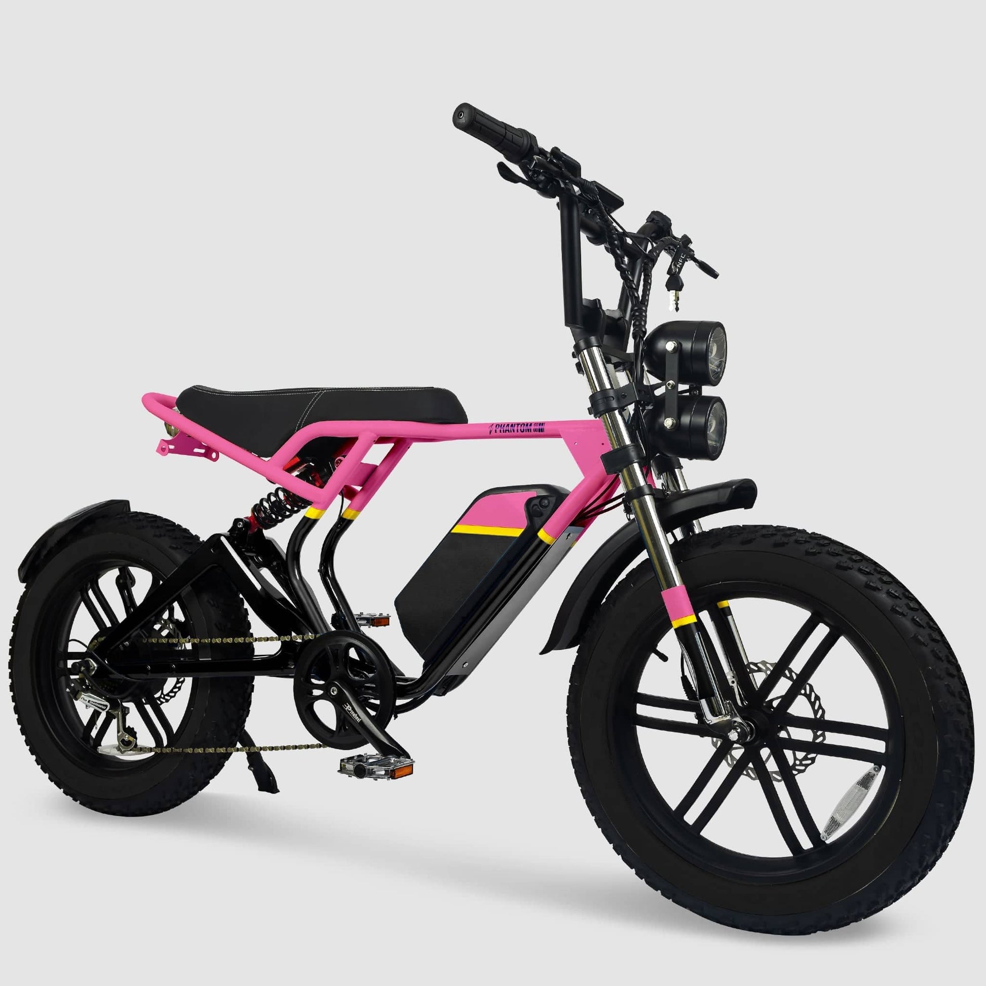 Phantom Gogo Klutch Cafe Max P20 Fat Tire electric bicycle E-Bike, pink and black, with pedal-assist 52 MPH, 53 Mile Battery Range. Color options are silver, silver, blue, pink. Free shipping at eBoarders.com