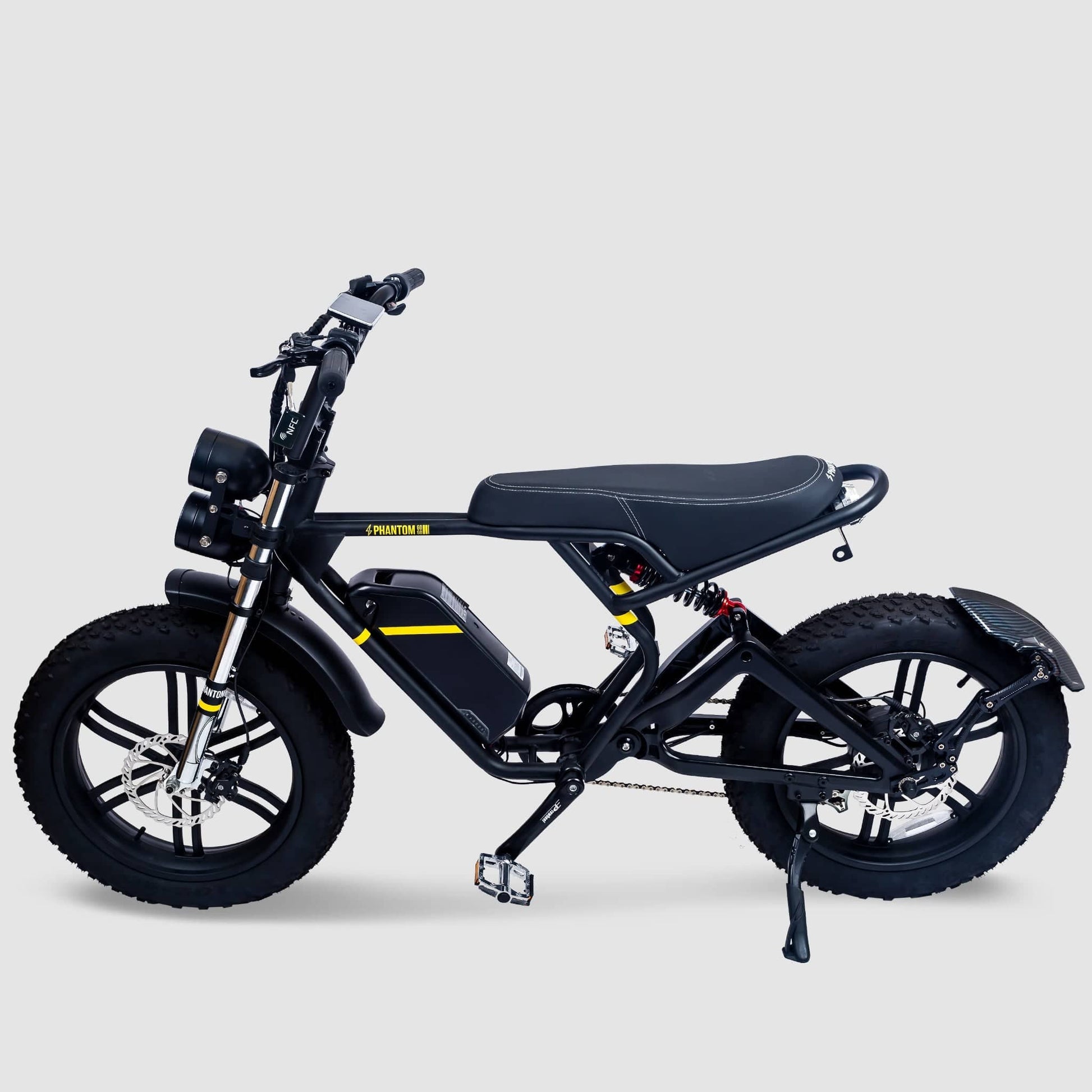 Phantom Gogo Klutch Cafe Max P20 Fat Tire electric bicycle E-Bike, black, wtih pedal-assist 52 MPH, 53 Mile Battery Range. Color options are black, silver, blue, pink. Free shipping at eBoarders.com