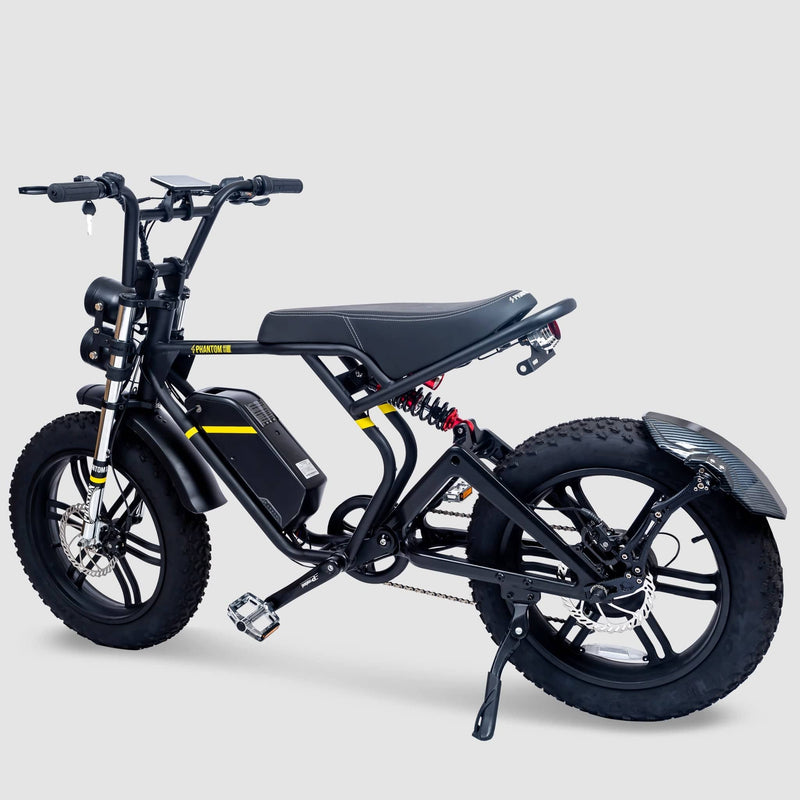 Phantom Gogo Klutch Cafe Max P20 Fat Tire electric bicycle E-Bike, black, wtih pedal-assist 52 MPH, 53 Mile Battery Range. Color options are silver, silver, blue, pink. Free shipping at eBoarders.com