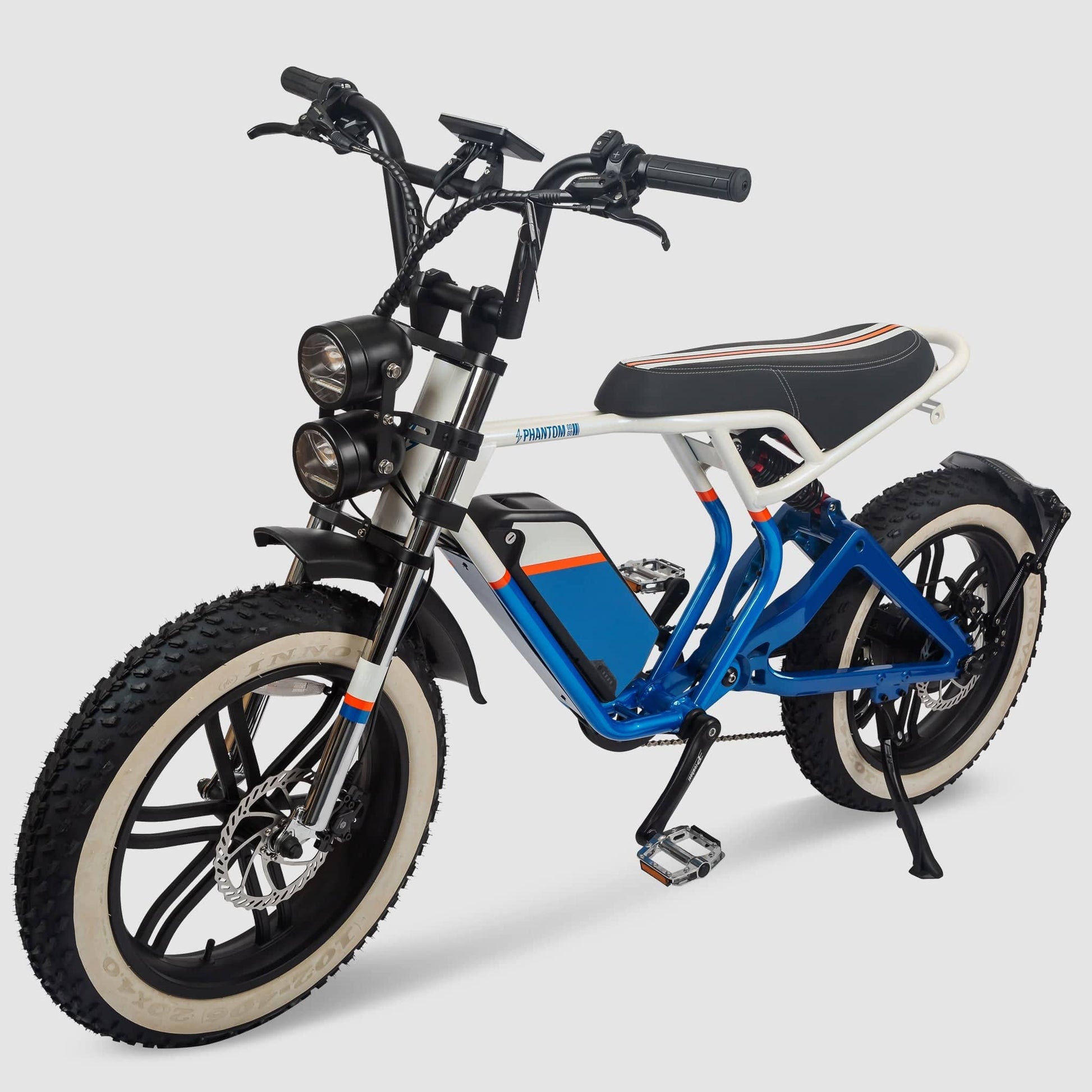 Phantom Gogo Klutch Cafe Max P20 Fat Tire electric bicycle E-Bike, blue and white, wtih pedal-assist 52 MPH, 53 Mile Battery Range. Color options are silver, silver, blue, pink. Free shipping at eBoarders.com