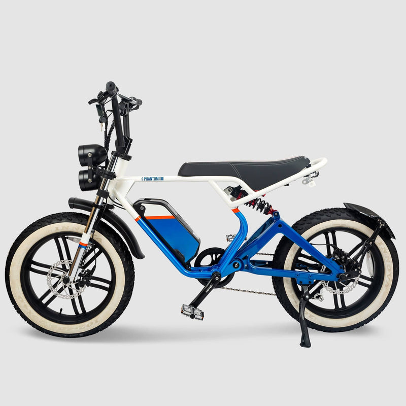 Phantom Gogo Klutch Cafe Max P20 Fat Tire electric bicycle E-Bike, blue and white, wtih pedal-assist 52 MPH, 53 Mile Battery Range. Color options are silver, silver, blue, pink. Free shipping at eBoarders.com