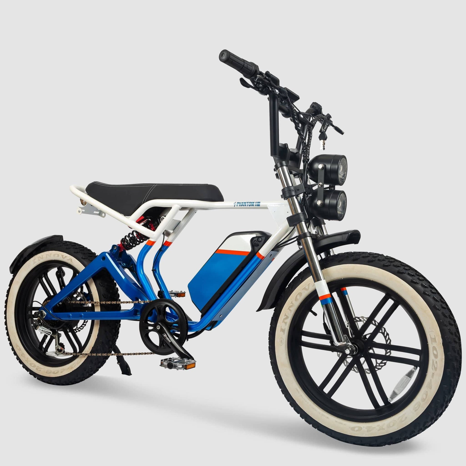 Phantom Gogo Klutch Cafe Max P20 Fat Tire electric bicycle E-Bike, blue and white, wtih pedal-assist 52 MPH, 53 Mile Battery Range. Color options are silver, silver, blue, pink. Free shipping at eBoarders.com