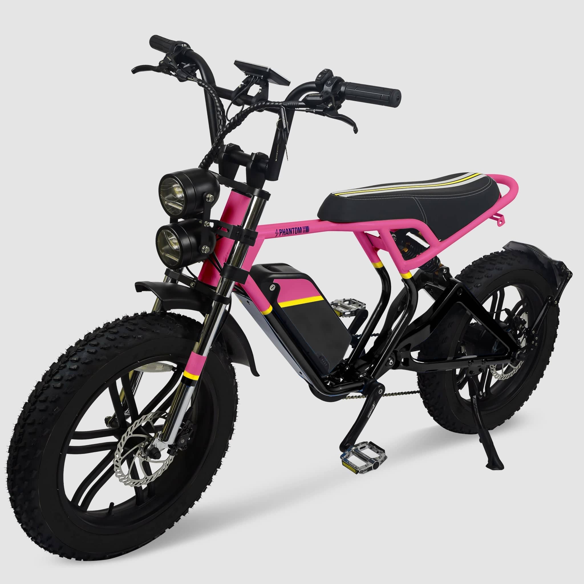 Phantom Gogo Klutch Cafe Max P20 Fat Tire electric bicycle E-Bike, pink and black, with pedal-assist 52 MPH, 53 Mile Battery Range. Color options are silver, silver, blue, pink. Free shipping at eBoarders.com