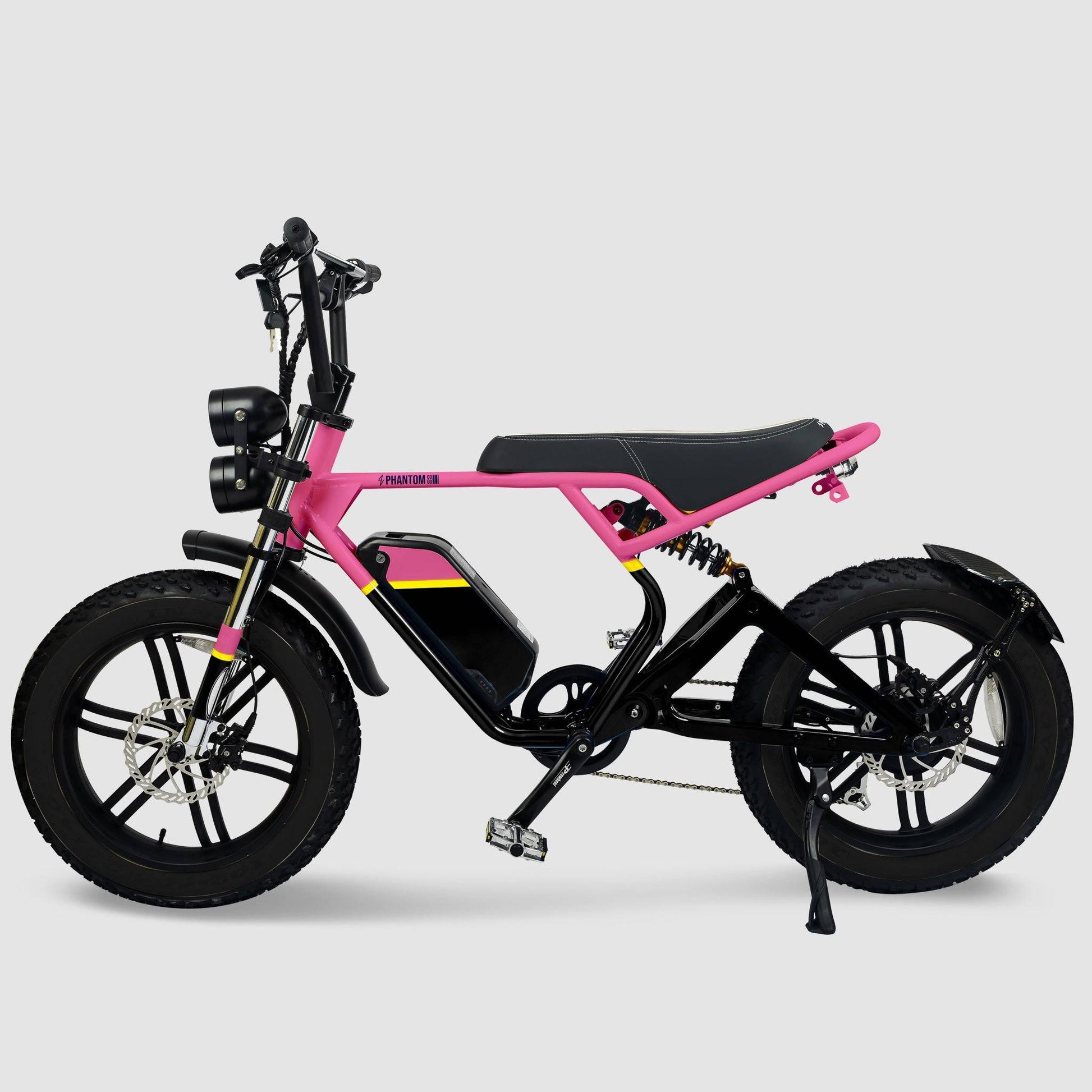 Phantom Gogo Klutch Cafe Max P20 Fat Tire electric bicycle E-Bike, pink and black, with pedal-assist 52 MPH, 53 Mile Battery Range. Color options are silver, silver, blue, pink. Free shipping at eBoarders.com