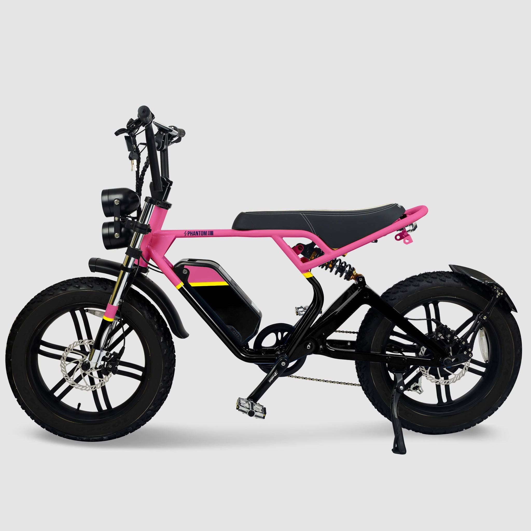Phantom Gogo Klutch Cafe Max P20 Fat Tire electric bicycle E-Bike, pink and black, with pedal-assist 52 MPH, 53 Mile Battery Range. Color options are silver, silver, blue, pink. Free shipping at eBoarders.com