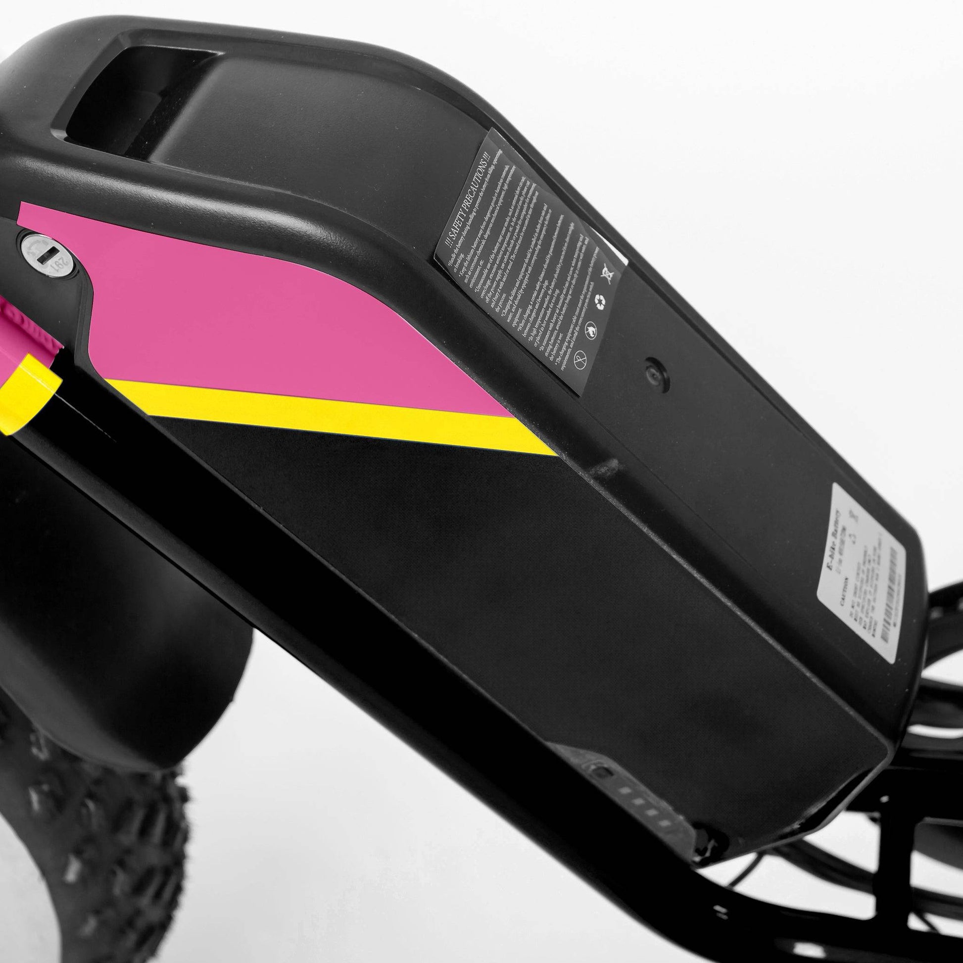Battery casing and locking mechanism for pink Phantom Gogo Klutch Cafe Max P20 Fat Tire electric bicycle E-Bike, wtih pedal-assist 52 MPH, 53 Mile Battery Range. Color options are silver, silver, blue, pink. Free shipping at eBoarders.com