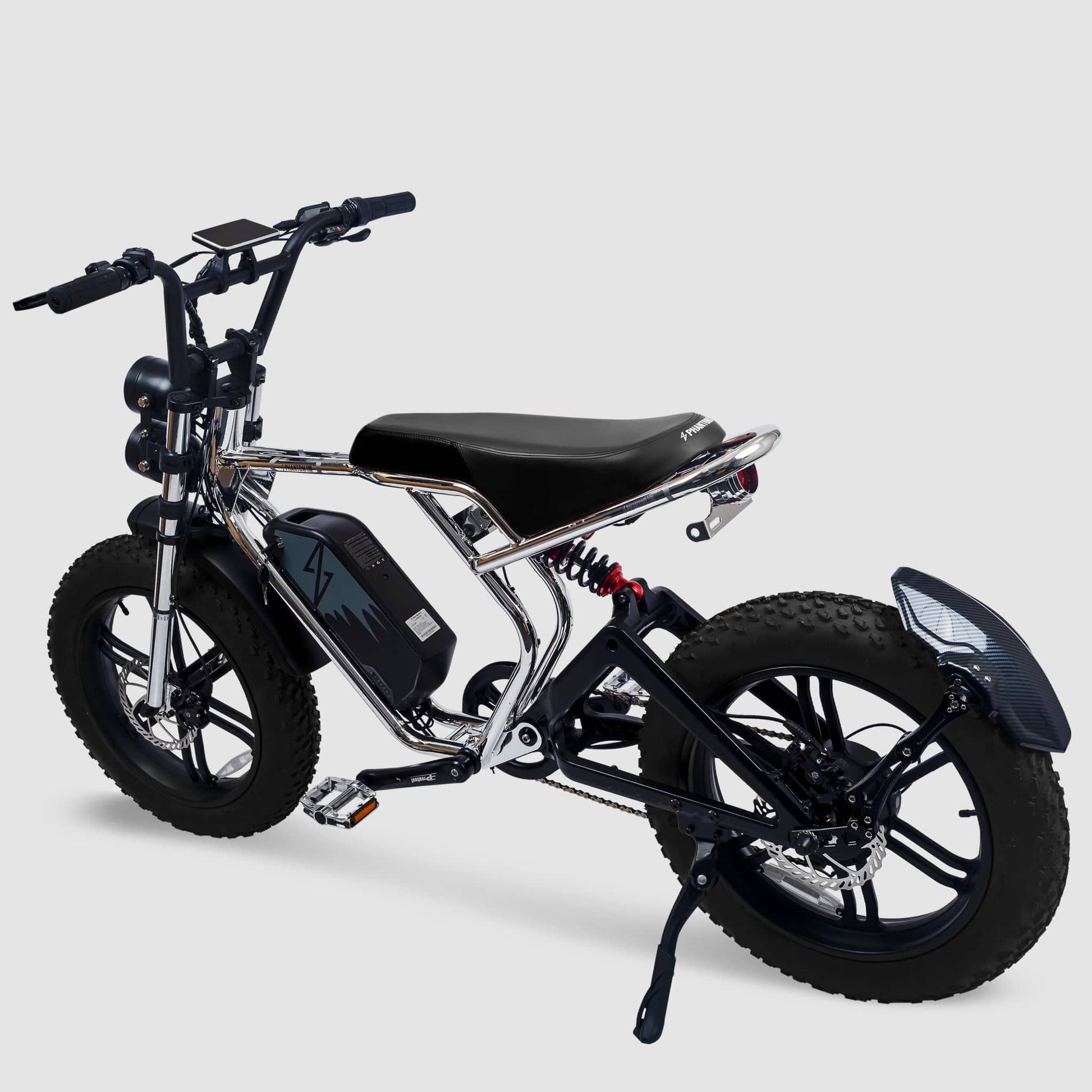 Phantom Gogo Klutch Cafe Max P20 Fat Tire electric bicycle E-Bike, black, wtih pedal-assist 52 MPH, 53 Mile Battery Range. Color options are silver, silver, blue, pink. Free shipping at eBoarders.com