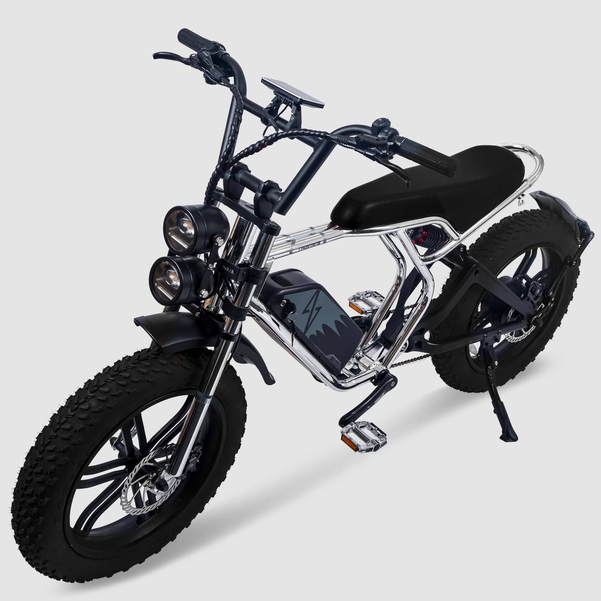 Phantom Gogo Klutch Cafe Max P20 Fat Tire electric bicycle E-Bike, silver and black, wtih pedal-assist 52 MPH, 53 Mile Battery Range. Color options are black, silver, blue, pink. Free shipping at eBoarders.com
