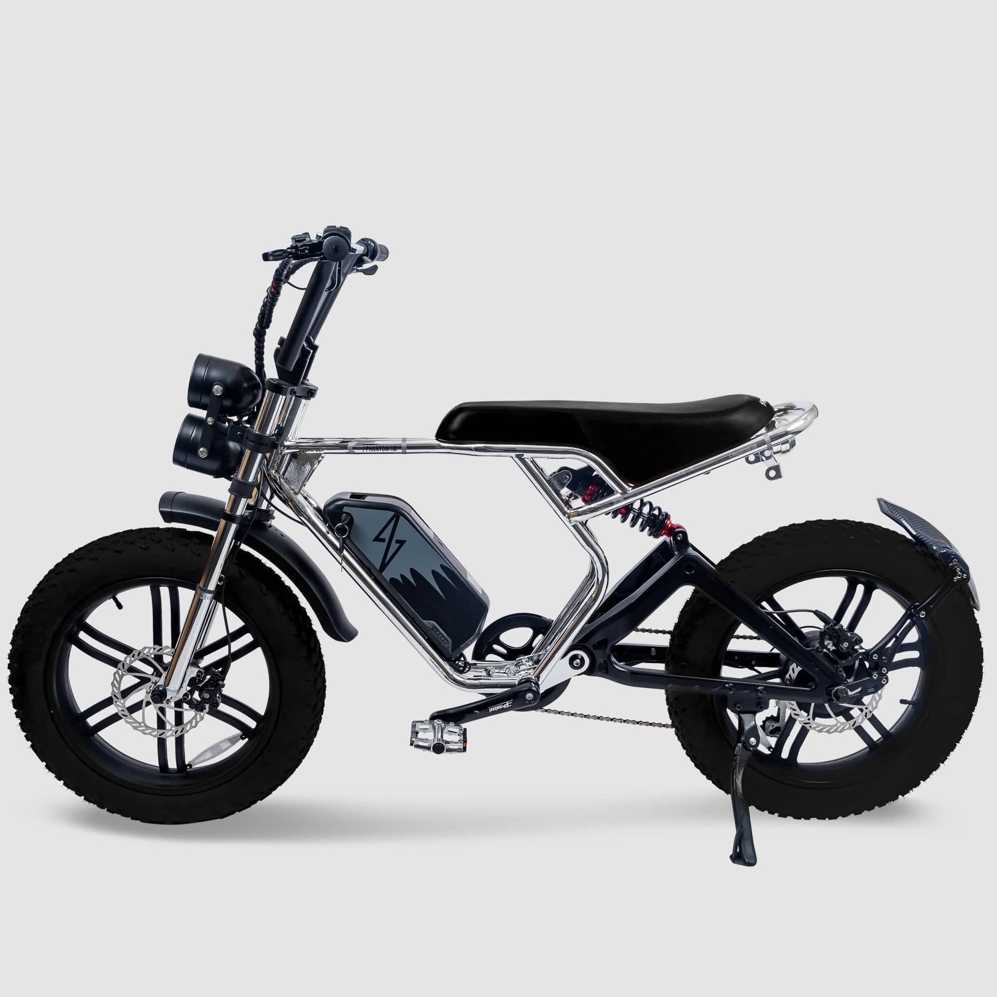 Phantom Gogo Klutch Cafe Max P20 Fat Tire E-Bike, silver, wtih pedal-assist 52 MPH, 53 Mile Battery Range. Color options are black, silver, blue, pink. Free shipping at eBoarders.com