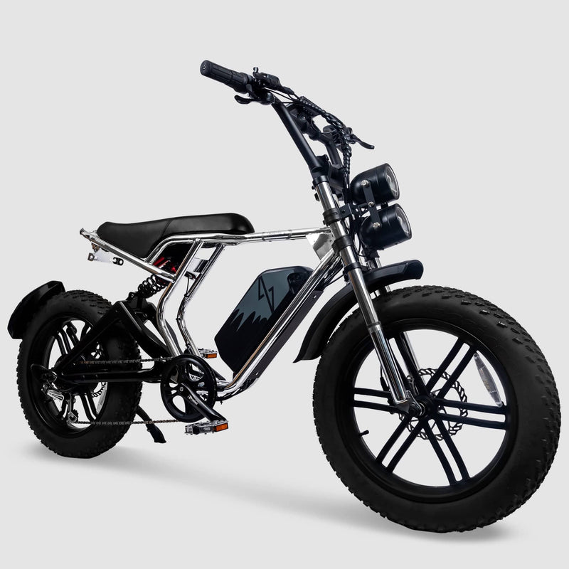 Phantom Gogo Klutch Cafe Max P20 Fat Tire electric bicycle E-Bike, silver, wtih pedal-assist 52 MPH, 53 Mile Battery Range. Color options are black, silver, blue, pink. Free shipping at eBoarders.com