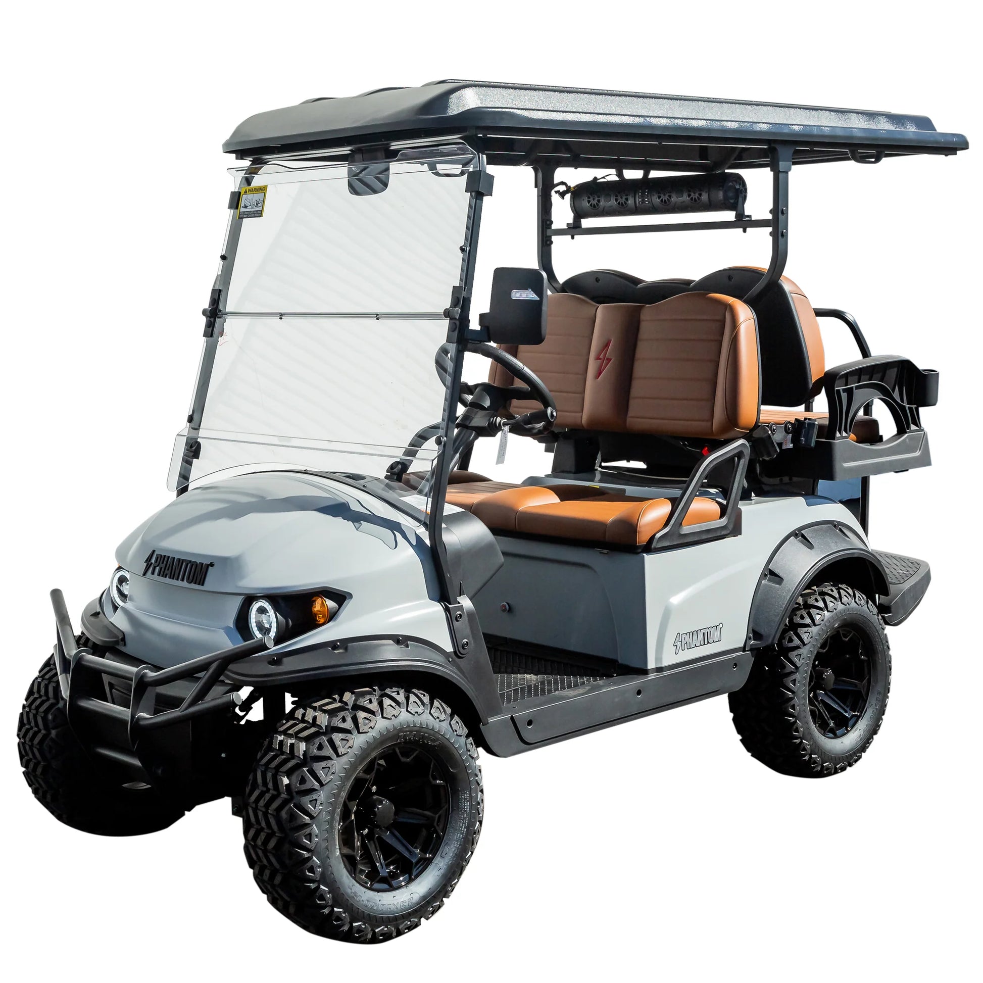 Phantom Voyage 2+2 electric utility ride in matte gray with off-road tires. Free shipping at e-boarders.com.