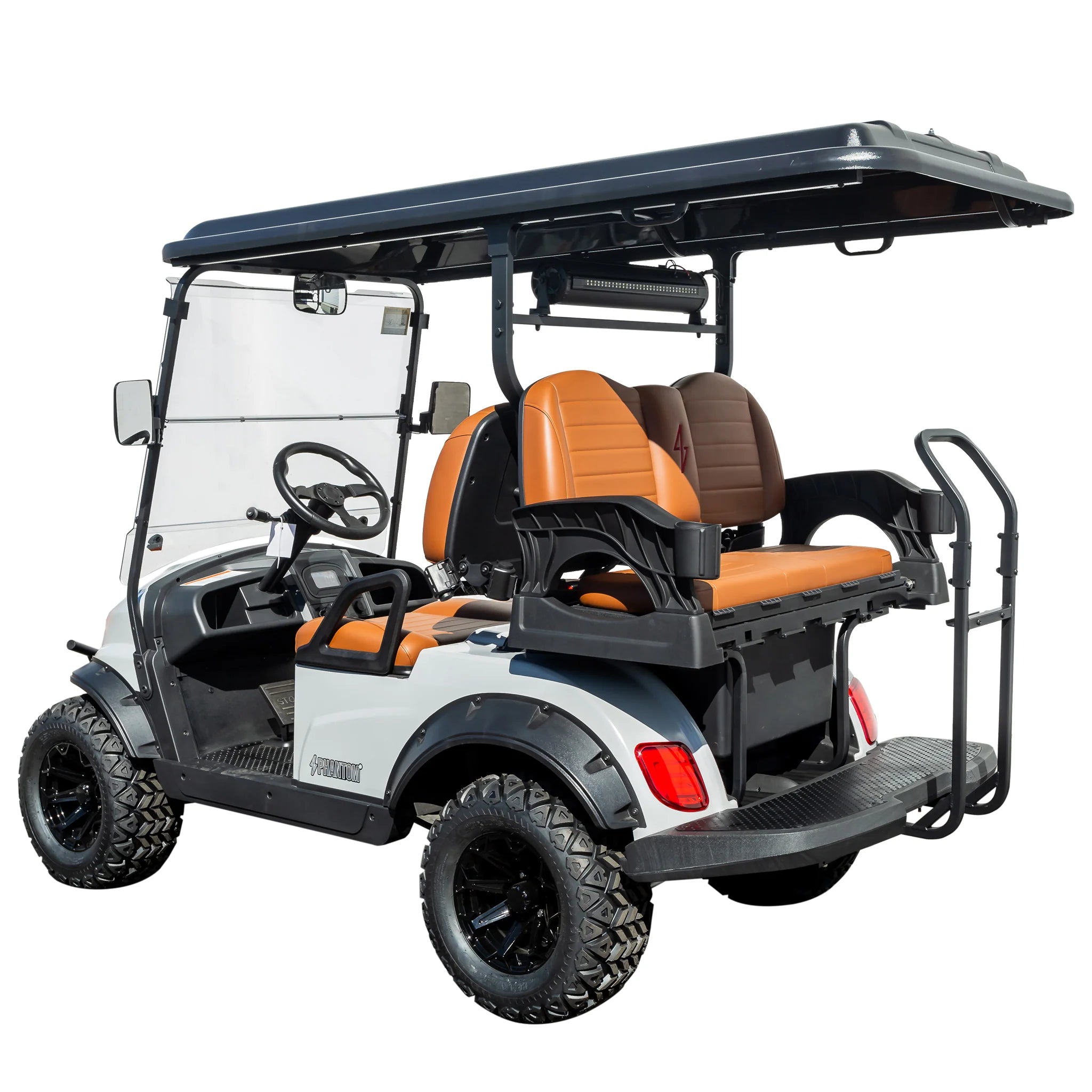 Rear-facing seat view of Phantom electric 4-seater with foldable utility platform. Free shipping at e-boarders.com