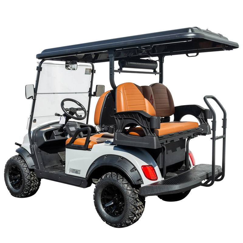 Rear-facing seat view of Phantom electric 4-seater with foldable utility platform. Free shipping at e-boarders.com