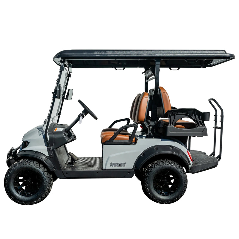 LED-lit Phantom electric ride for resort, golf, and estate use, shown in beige finish. Side-facing seat view of 4-person electric ride with fold-down utility platform. Quiet lithium-powered recreational ride for private properties and golf course access. Free shipping at e-boarders.com.