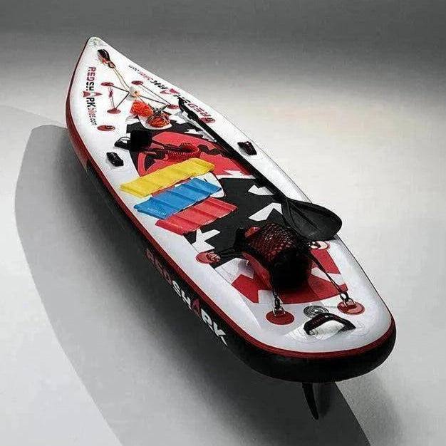 Red Shark USA Inflatable Paddle Board iSUP. Upgradable kits for Red Shark Surf-Cycling kits, kayaking, gym kits, for fitness, fishing, endurance cyclists and watersports enthusiasts. Free shipping at e-boarders.com