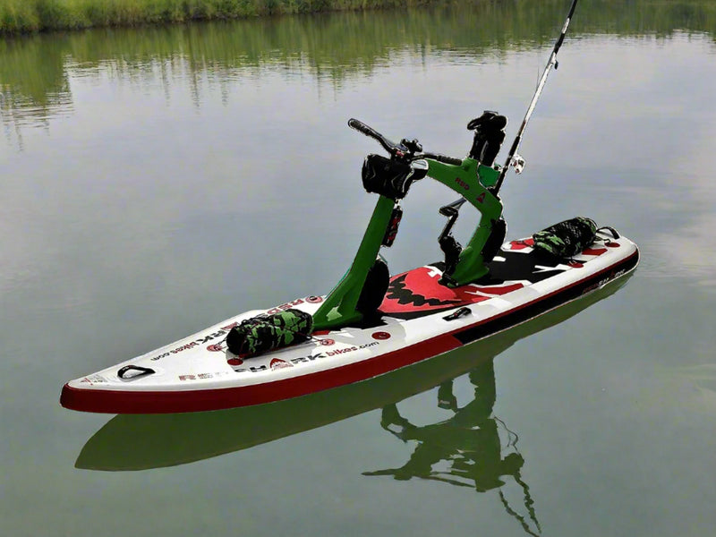 Red Shark USA "Adventure" Surf-Cycle Inflatable Paddleboard iSUP kit designed for water-cyclists and fishermen. Free shipping at eBoarders.com